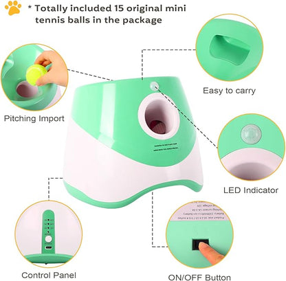 Dollate Automatic Ball Launcher for Small Dogs,Interactive Toys Dog Ball Thrower Machine with 10-30Ft 3 Launching Distance,Indoor & Outdoor with 15 Mini Tennis Balls (2 inch),Green