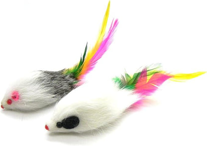 Kats'N Us 2 Inch Real Rabbit Fur Feather Tail Mouse Cat Toy - 2 Pack Rattle Mice Durable Soft Body, Natural Hunting Instinct Play, Interactive Exercise & Enrichment Set for Indoor Cats