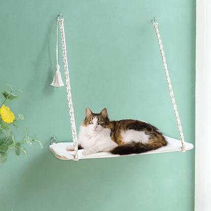 Mkono Cat Window Perch Macrame Boho Cat Hammock Wall Mounted Cat Bed for Indoor Cat, Pet Resting Seat Safety Space Saving Cat Shelves with Screw Suction Cups