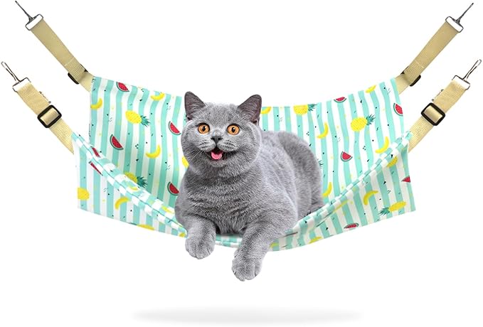 Andiker Cat Hammock for Cage Hanging, Reversible Kitten Cage Hammock with Metal Hooks for Cats for Sleeping and Playing, 22 * 18 in Double-Layer Hanging Cat Bed to Hang in Cages (Blue, L)
