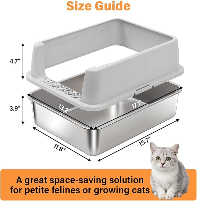 Stainless Steel Cat Litter Box, Metal Kitty Litter Box with High Sides Lid for Kittens, Small or Medium Cats, Open Top Low Entry Litter Pan Include Scoop and Mat, Anti-Urine Leakage, Easy Cleaning, M