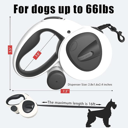 HCY&WLD Upgrade 4-in-1 Retractable Dog Leash with LED Light & Dispenser & Poop Bags, 16 ft Heavy Duty Dog Leash with Anti-Slip Handle for Dogs up to 66 lbs, 360° Tangle-Free, One Button Brake & Lock