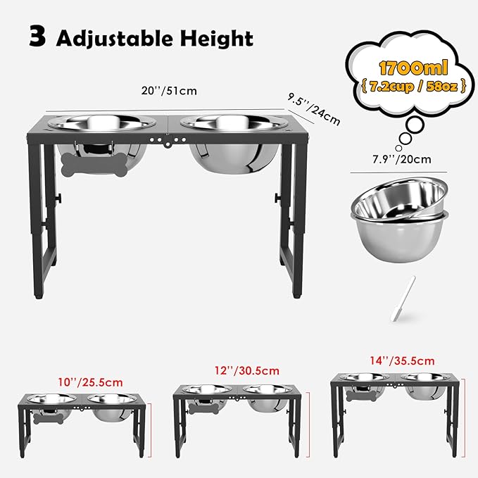 Adjustable Height Elevated Dog Bowls Stand, 2 x 58oz Stainless Steel Raised Dog Food & Water Bowls Holder for Medium, Large, Tall Dogs, Black
