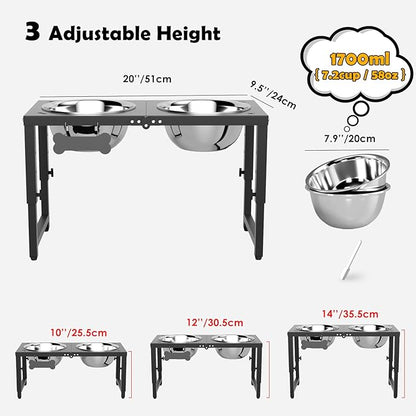 Adjustable Height Elevated Dog Bowls Stand, 2 x 58oz Stainless Steel Raised Dog Food & Water Bowls Holder for Medium, Large, Tall Dogs, Black