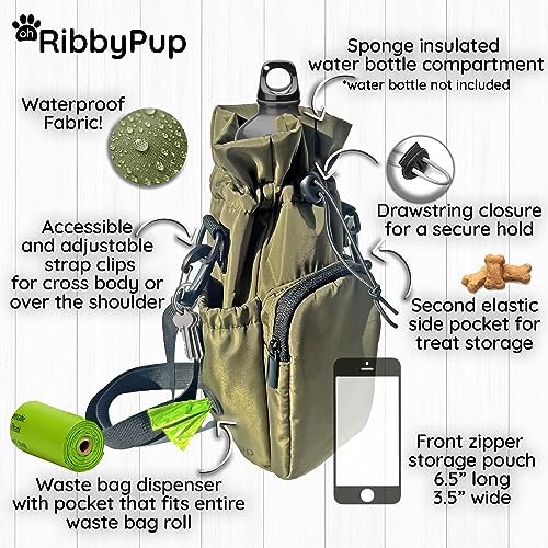 RibbyPup Waterproof Dog Walking Bag with Universal Water Bottle Holder, Built-In Poop Bag Dispenser, Unisex Cross-Body Treat Pouch - Army Green - Image 2