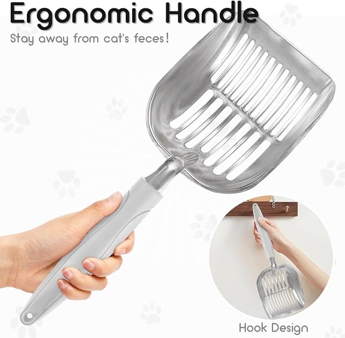 Cat Litter Scoop, Metal Cat Scooper, Plastic Handle Scoop, Sifting Shovel for Christmas – Heavy Duty Aluminum Alloy Litter Box Scoop with Deep Mesh, Design for Easy Waste Removal and Cleaning(Gray)