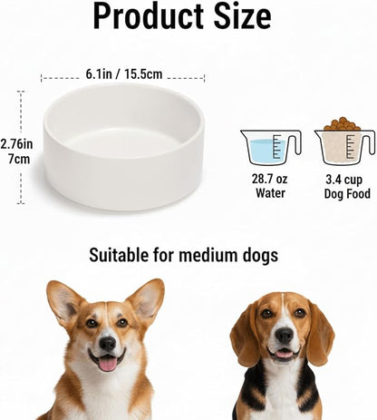 Ceramic Dog and Cat Bowl Modern Cute Weighted Food and Water Bowl Matte Glaze Pet Bowl for Replacement (White, 28.7 OZ)