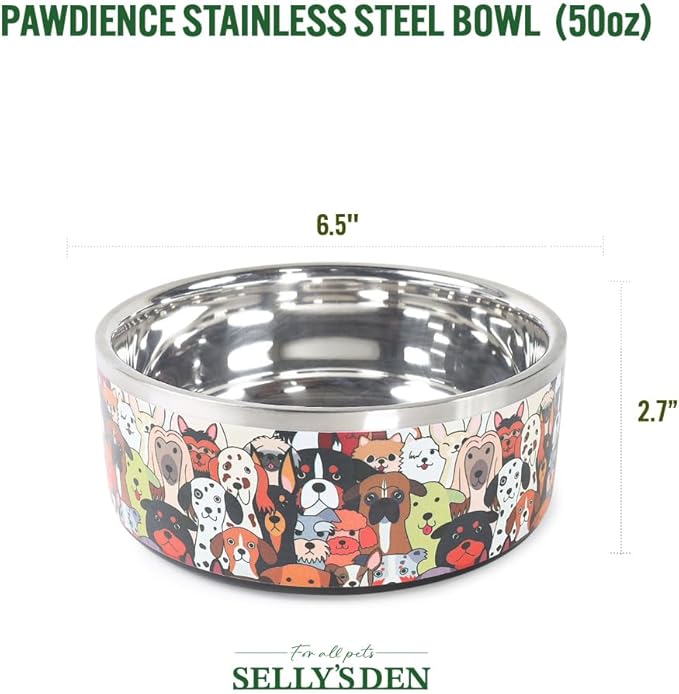 Selly’s Den 50 oz Dog Bowl - Double Walled Stainless Steel Water Bowl for Puppies & Small, Medium Dogs - No-Tip Non-Slip Rubber Base - Durable Metal Dog Dish Pawdience Design