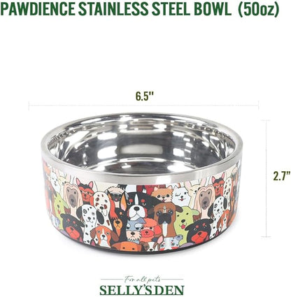 Selly’s Den 50 oz Dog Bowl - Double Walled Stainless Steel Water Bowl for Puppies & Small, Medium Dogs - No-Tip Non-Slip Rubber Base - Durable Metal Dog Dish Pawdience Design