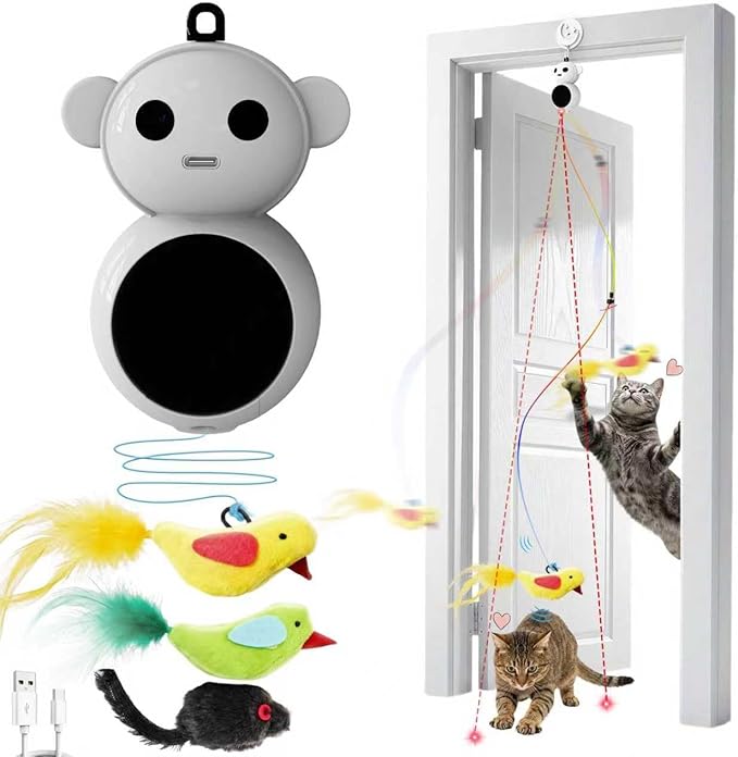 Interactive Cat Toys for Indoor Cats - 2 in 1 Automatic Laser Pointer Cat Toy with Feather Flying Bird, Smart Moving Mouse Wand Toy, Auto On/Off Hanging Toys for Bored Kitten & Adult Cats(Grey)