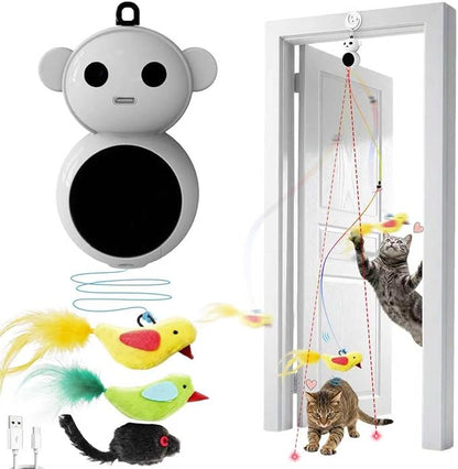 Interactive Cat Toys for Indoor Cats - 2 in 1 Automatic Laser Pointer Cat Toy with Feather Flying Bird, Smart Moving Mouse Wand Toy, Auto On/Off Hanging Toys for Bored Kitten & Adult Cats(Grey)
