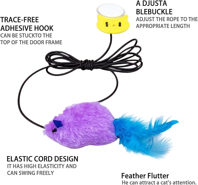 Interactive Hanging Mouse Cat Toys, 3 Pack Plush Mouse Cat Toy with Feather & Catnip, Movement-Activated Physical Sound, Adjustable Door Frame Self Play Toy for Indoor Cats