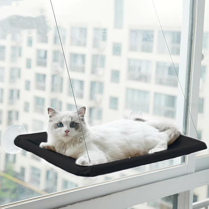 Cat Window Hammock Perch Cat Safety Sunny Bed with Durable Heavy Duty Suction Cups Resting Sunny Window Seat for Indoor Cats Sleeping Space Saving Window Mounted Holds Up to 30lbs (Black)…