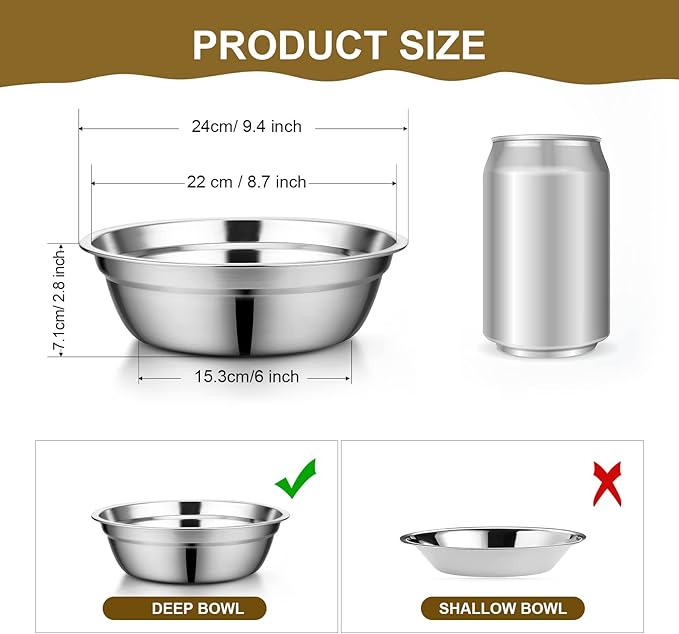 Mimorou 6 Pcs Stainless Steel Dog Bowls 9.4 Inches Replacement Basic Thickened Metal Food Water Bowls for Medium Large Sized Dogs, Dishwasher Safe, Silver
