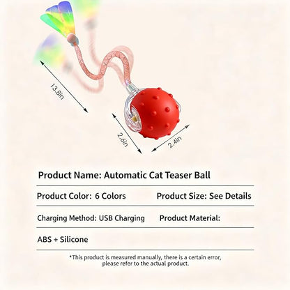 Interactive Cat Toys for Indoor Cats with 3 Interchangeable Tails - Automatic Moving & Chirping Ball, Self Play Toy for Playful Kittens & Bored Cats Home Alone, Easter Basket Essentials (Red)
