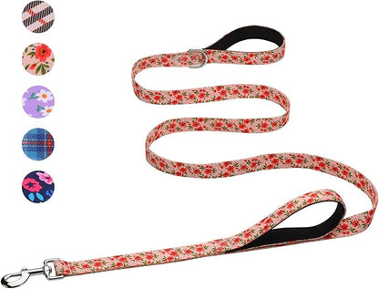 Hikiko 5 Foot Double Handle Dog Leash Cute Girl Padded Traffic Handles for Walking Training (Cream Natural Floral, 5ft)