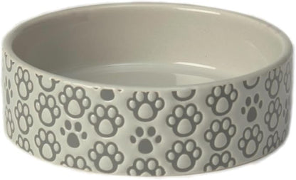 PetRageous 18428 Paws Shallow Round Stoneware Dog Bowl 5-Inch Width and 1.5-Inch Height 1.5-Cups Capacity, Grey