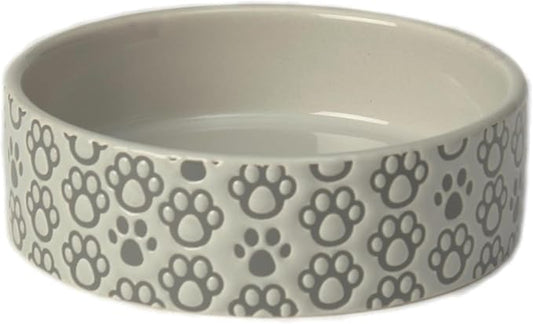 PetRageous 18428 Paws Shallow Round Stoneware Dog Bowl 5-Inch Width and 1.5-Inch Height 1.5-Cups Capacity, Grey