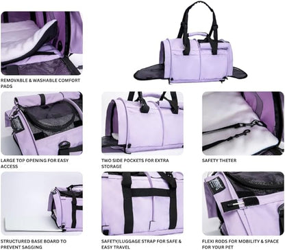 SturdiBag Pro 3.0 Pet Travel Carrier for Cats and Dogs – Soft-Sided with Safety Clips and Seatbelt Straps for Airplane or Car Travel | Small, Lavender
