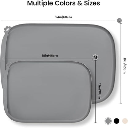 Silicone Dog Food Mat with Side Pocket & Hook Hole, Soft Raised Edges, Easy Clean Waterproof Non-Slip Pet Feeding Mat for Cats and Dogs Water Bowl, Pets Accessories(24"x16",Grey)