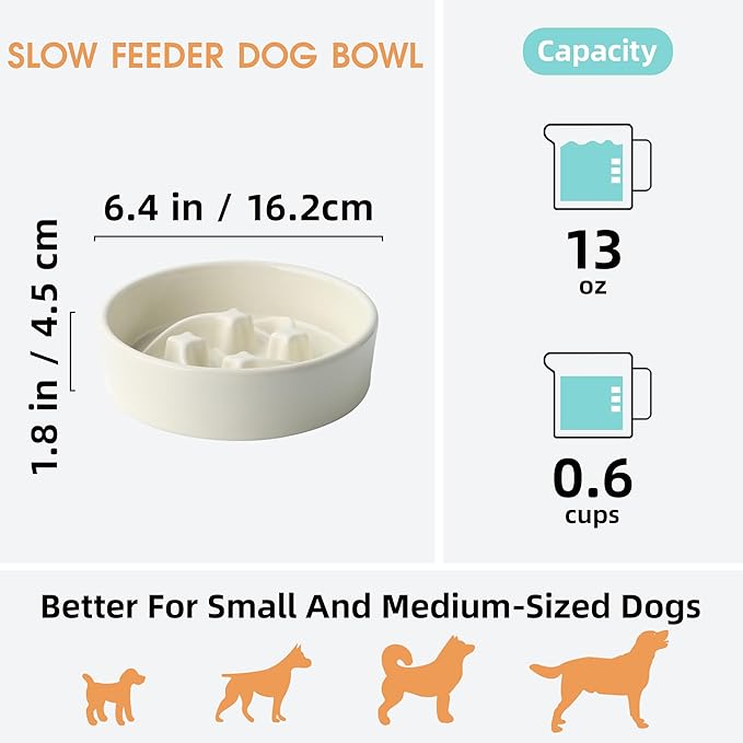 Ceramic Slow Feeder Dog Bowls Small Breed, 0.6 Cups Slow Eating Dog Bowl, Anti-Gulping Puppy Food Bowl Reduce Choking, Puzzle Maze Design Pet Dishes for Fast Eaters, 6.3 inch - Beige