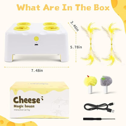 Cheese Box Interactive Cat Toy for Indoor Cats, 3-in-1 Whack a Mole Feather Toy, 3 Modes Rechargeable Auto Cat Toys for Bored Cats, 4 Holes Kitten Toy, 4 Accessories (White)