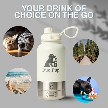 DuoPup 32oz Insulated Stainless Steel Pet Water & Food Bottle – Portable Leak-Resistant Dispenser with Two Detachable Bowls & Carrying Strap – Travel, Hiking & Outdoor Pet Hydration – Pink