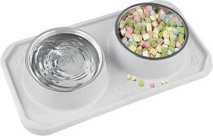 Cat Bowls for Food and Water, Premium Removable Stainless Steel Double Bowls with Non-Slip Bottom & Elevated Stand for Pet and Small Dogs,Upgrade Non-Spill Cat Food Feeder (Light Grey)