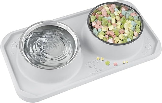 Cat Bowls for Food and Water, Premium Removable Stainless Steel Double Bowls with Non-Slip Bottom & Elevated Stand for Pet and Small Dogs,Upgrade Non-Spill Cat Food Feeder (Light Grey)