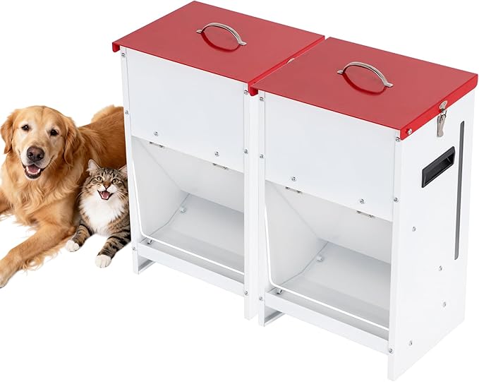 Metal Automatic Dog Feeder 2-Pack- 25LBS Food Capacity Automatic Gravity Dispenser, Powder Coated & Waterproof for Indoor & Outdoor Use, 12.3" L x 10.5" W x 21.3" H, Red and White