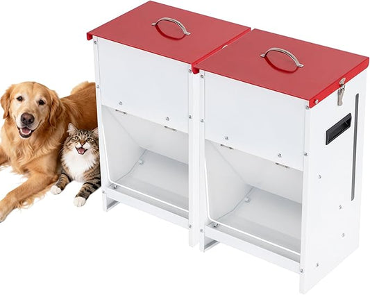 Metal Automatic Dog Feeder 2-Pack- 25LBS Food Capacity Automatic Gravity Dispenser, Powder Coated & Waterproof for Indoor & Outdoor Use, 12.3" L x 10.5" W x 21.3" H, Red and White
