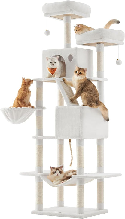 Feandrea Cat Tree, 81.1-Inch Large Cat Tower, Multi-Level Plush Condo with 13 Scratching Posts, 2 Perches, 2 Caves, Basket, Hammock, Pompoms, Cream White UPCT190T01