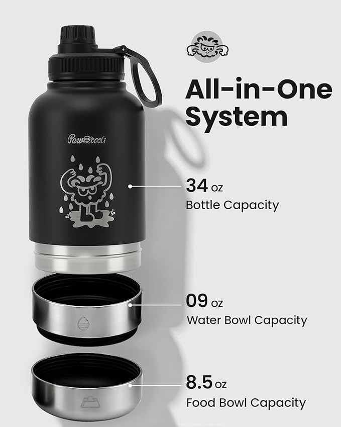 34oz Dog Water Bottle, Stainless Steel Dog Water Bottle Dispenser with Detachable Food & Water Bowls, Keeps Water Hot/Cold, for Walking, Hiking, Camping(Black)