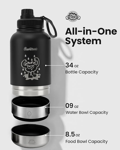 34oz Dog Water Bottle, Stainless Steel Dog Water Bottle Dispenser with Detachable Food & Water Bowls, Keeps Water Hot/Cold, for Walking, Hiking, Camping(Black)
