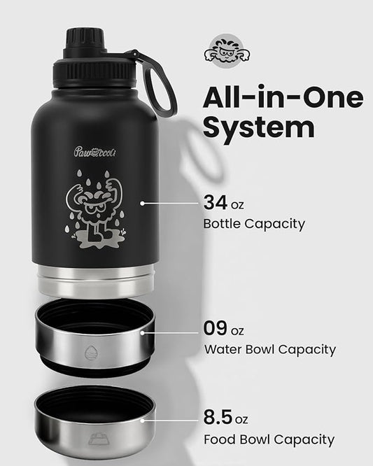 34oz Dog Water Bottle, Stainless Steel Dog Water Bottle Dispenser with Detachable Food & Water Bowls, Keeps Water Hot/Cold, for Walking, Hiking, Camping(Black)