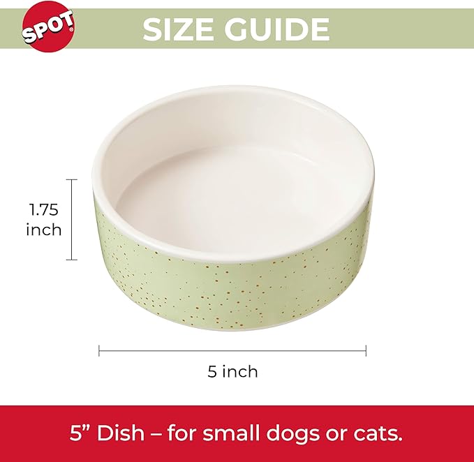 SPOT Speckled Stoneware- Round Ceramic Food/Water Bowl for Pets, Dishwasher Safe, Ideal for Small Dogs, Cats, Reptiles, Large Birds, 5in Light Green, 1.75 Cup (14oz)