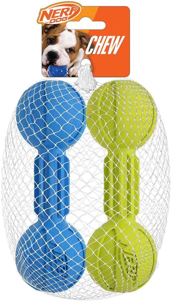 Nerf Dog Chewable Barbell Dog Toy, Lightweight, Durable and Water Resistant, 7.5 Inches, For Medium/Large Breeds, Two Pack, Blue and Green (8953)