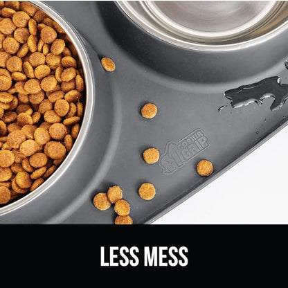GORILLA GRIP Feeding Mat Bowl Set, 100% Waterproof BPA Free Silicone Base, 304 Stainless Steel Cat and Dog Bowls for Food and Water, Slip Resistant, High Edge, US Designed, Patent Pending, 1 Cup Gray
