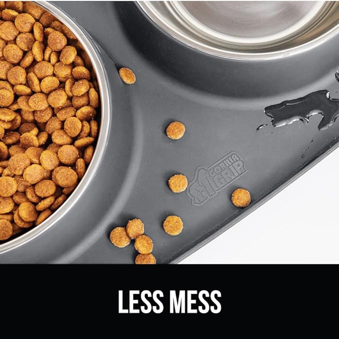 GORILLA GRIP Feeding Mat Bowl Set, 100% Waterproof BPA Free Silicone Base, 304 Stainless Steel Cat and Dog Bowls for Food and Water, Slip Resistant, High Edge, US Designed, Patent Pending, 2 Cup Gray