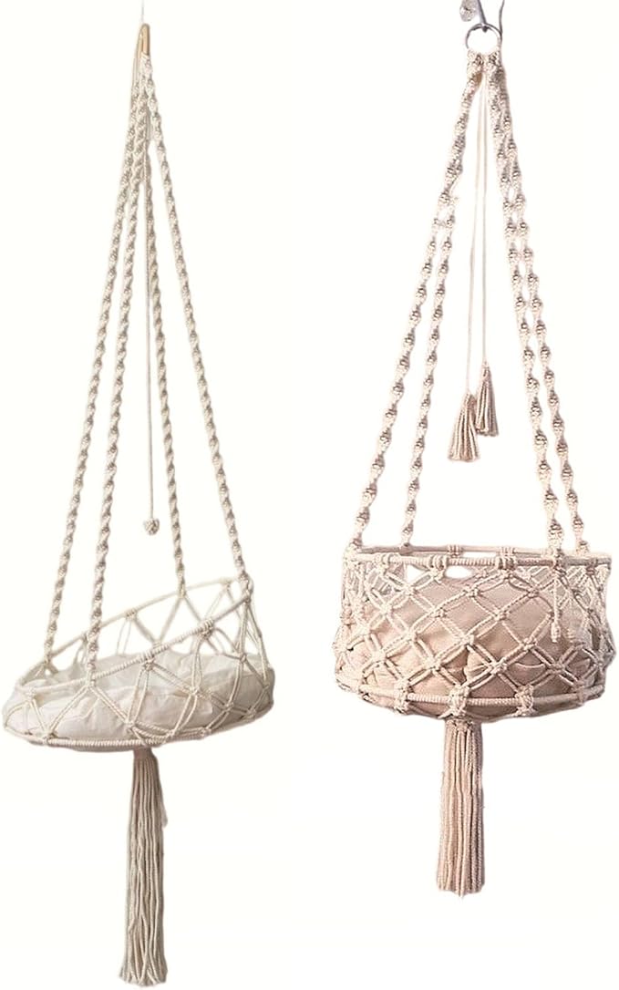 Macrame Cat Hammock with Cushion Handwoven Boho Hanging Cat Bed Pet Kitten Swing Bed for Playing Sleeping Climbing and Lounging (120 cm)