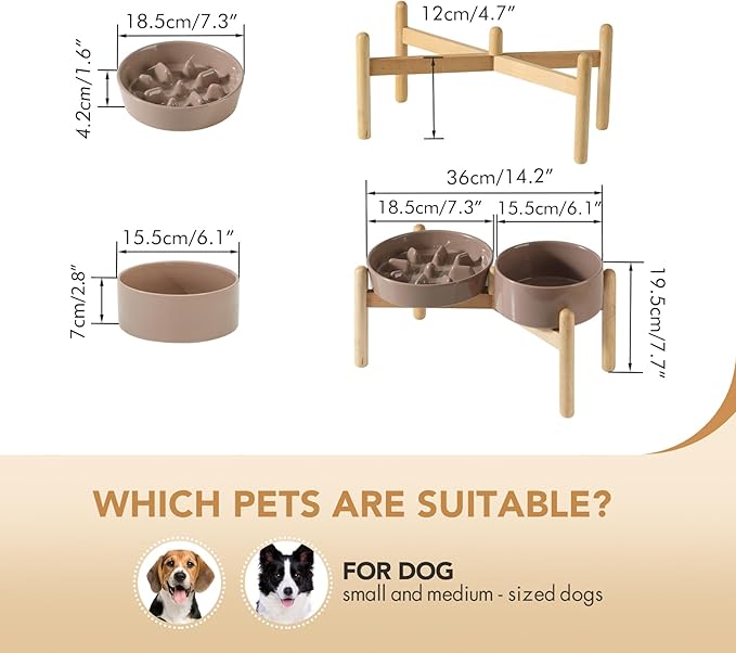 Ceramic 1.2 Cup Raised Slow Feeder Dog Bowl Set, Elevated 6.1inch Bowl and 7.3inch Slow Pet Food Dish with Wooden Stand for Small and Medium Dog (2 x Brown Coffee+ Stand)