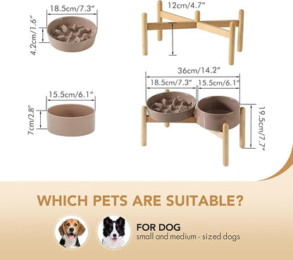 Ceramic 1.2 Cup Raised Slow Feeder Dog Bowl Set, Elevated 6.1inch Bowl and 7.3inch Slow Pet Food Dish with Wooden Stand for Small and Medium Dog (2 x Brown Coffee+ Stand)