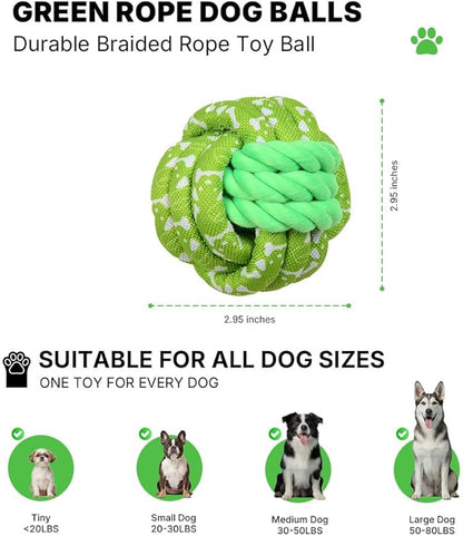 Green Rope Dog Balls - Durable Braided Rope Toy Ball, Dog Chew Toys for Medium Large Breeds, Dental Puppy Balls Teething Toys, Interactive Games