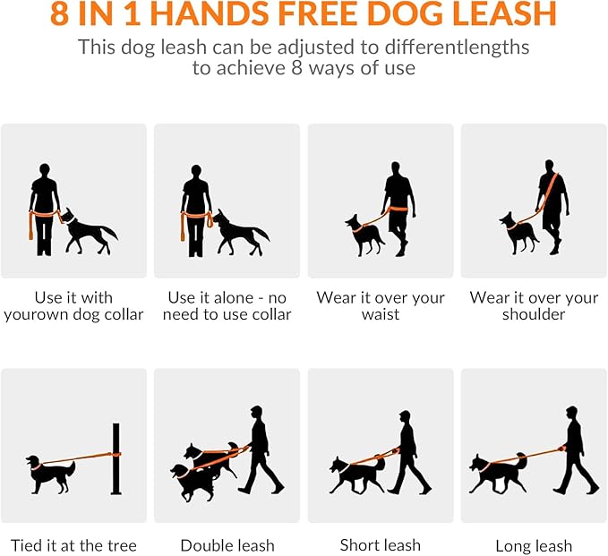 8.2ft Hands Free Dog Leash,Versatile Waist & Crossbody Lead for Medium Dogs,Waterproof & Adjustable for Running Jogging Walking, 360° Swivel Metal Buckle (Orange)
