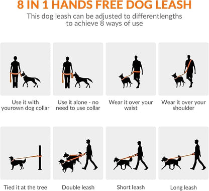 8.2ft Hands Free Dog Leash,Versatile Waist & Crossbody Lead for Medium Dogs,Waterproof & Adjustable for Running Jogging Walking, 360° Swivel Metal Buckle (Orange)