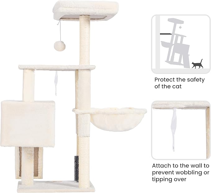 Heybly Cat Tree with Cat Self Groomer Brush, Cat Tower Condo for Indoor Cats with Padded Plush Perch, Cat House with Basket Scratching Board Post, Beige HCT005SM