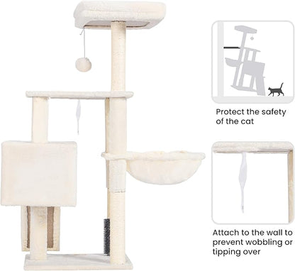 Heybly Cat Tree with Cat Self Groomer Brush, Cat Tower Condo for Indoor Cats with Padded Plush Perch, Cat House with Basket Scratching Board Post, Beige HCT005SM