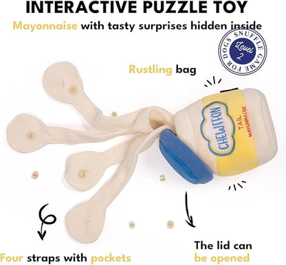 CHEWFFON Dog Enrichment Toys, Interactive Mayonnaise Jar Puzzle, Snuffle Toy for Mental Stimulation, Hide and Seek Crinkle Toy for All Dog Sizes