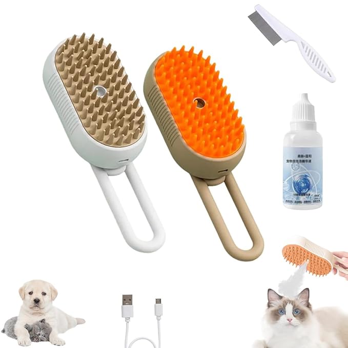 Cat Brush, 4 in 1 Self Cleaning Silicone Cat Steam Brush Quick & Easy Pet Hair Remover Comb for Shedding, Massage, Cleaning, 360° Rotating Pet Steam Brushs for Cats Dogs (Brown+White)