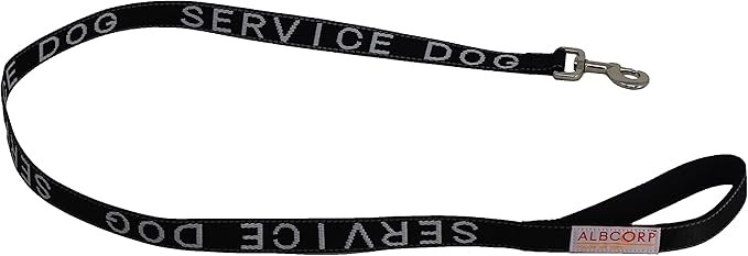 Albcorp Service Dog Leash - Embroidered- with Padded Neoprene Handle and Reflective threads, 4 Feet, for Harnesses, Vests or Collars, Black